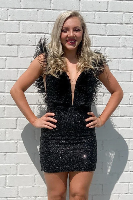 party-ready dressBlack Plunging V Neck Sequins Feathers Homecoming Dress