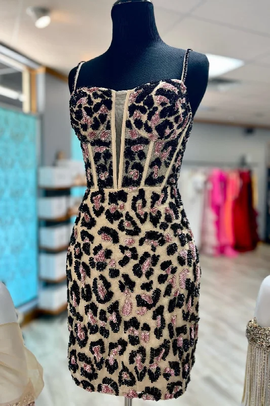 wool dressLeopard Print Sheath Straps Homecoming Dress