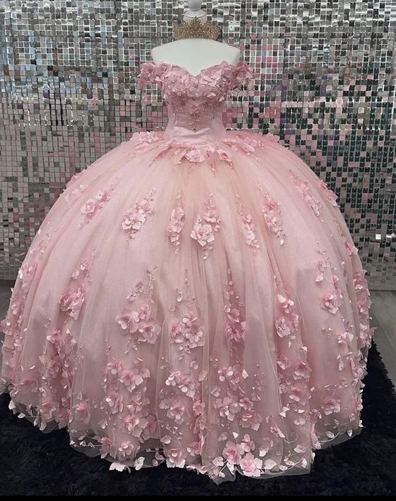 Last Chance party-ready dressPink Off Shoulder Ball Gown Quinceanera Dresses 3D Appliques Corset Dress Y6791