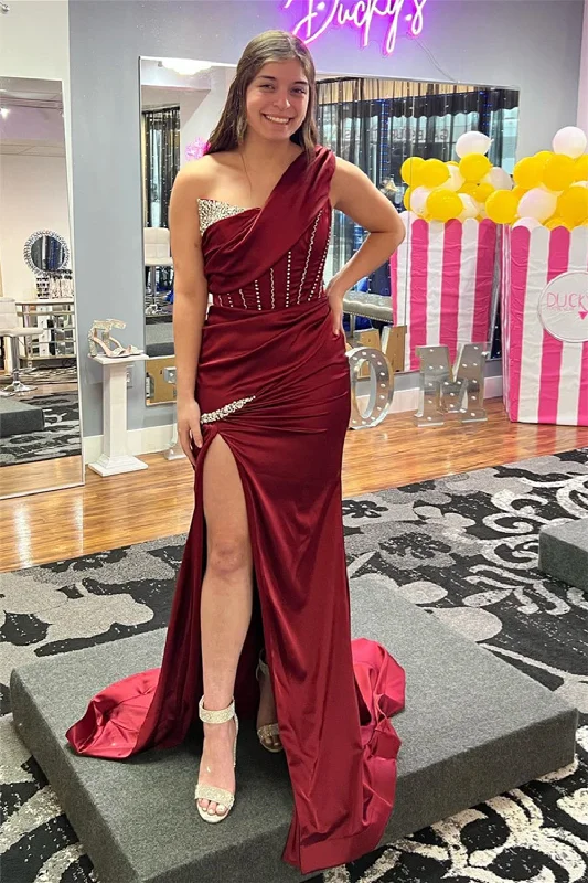 casual slip dressBurgundy One Shoulder Boning Beaded Satin Long Prom Dress with Slit