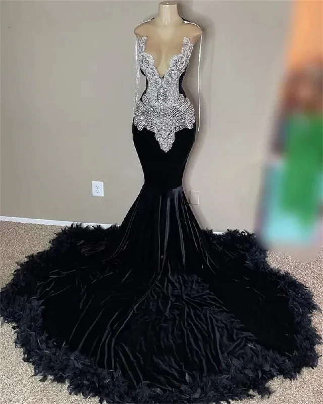 luxury dressGlitter Black Velvet Mermaid Prom Dresses 2024 Luxury Sheer Neck Crystal Rhinestones Feathers Party Gowns Homecoming Robe De Bal