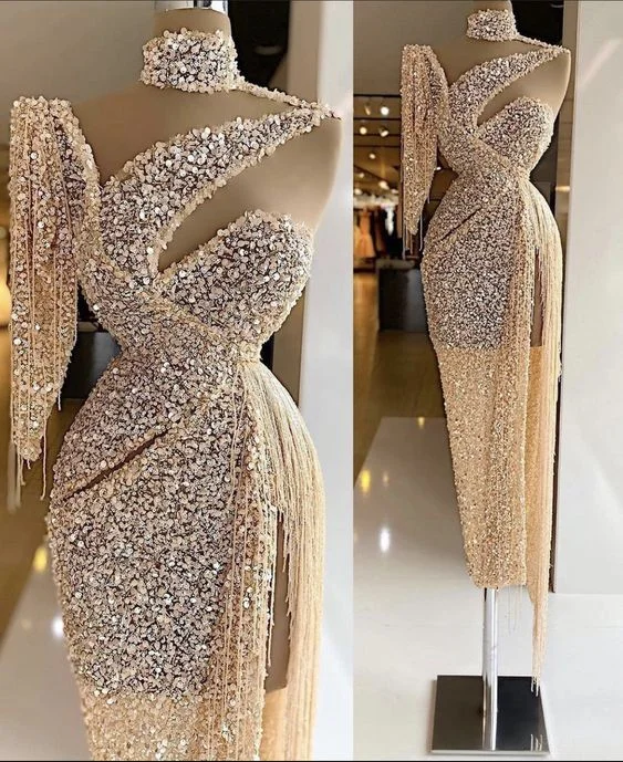 Sale Event trendy bodycon dressSparkly Sequin Evening Dress Side Slit Prom Dress One Shoulder Tassels Custom Made Y6411