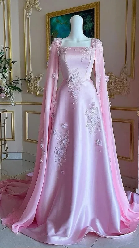 trendy mini dressLuxury Pink Satin Long A Line Evening Dress Pretty Appliques Prom Dress  Y7591