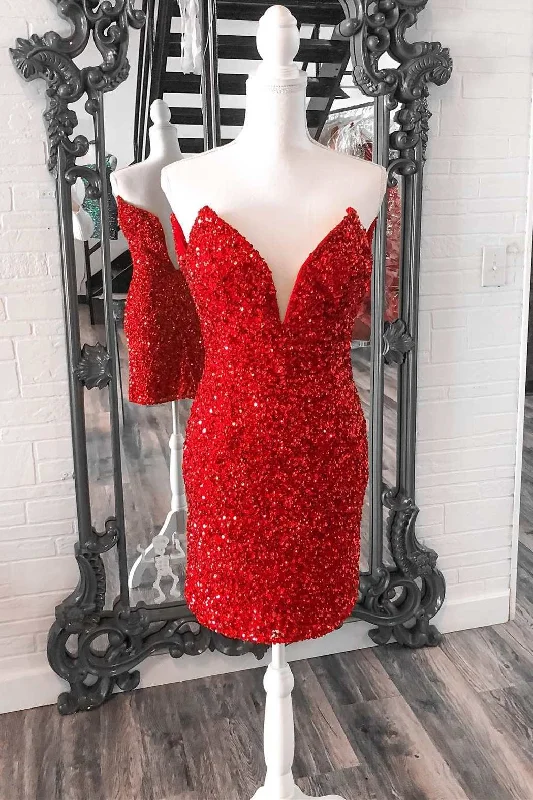 elegant shift dressRed Sequin Strapless Short Homecoming Dress