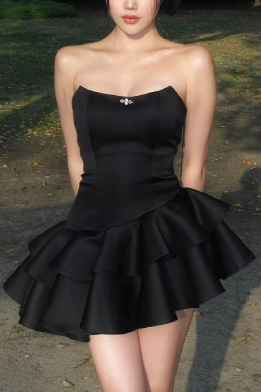 comfy maxi dressChic Strapless Black Satin Short Prom Dress, Layered Homecoming Dress Graduation Dress Y7622