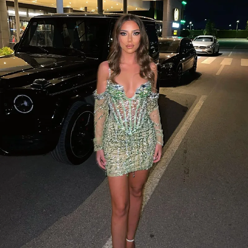 Value Deals off-shoulder dressSparkly Beading Cocktail Dresses Crystal Sexy Short Illusion Women Gowns Mini Prom Party Dress Evening Wear