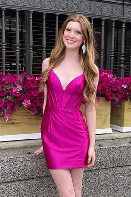 summer dressFuchsia Plunging V Neck Satin Sheath Homecoming Dress