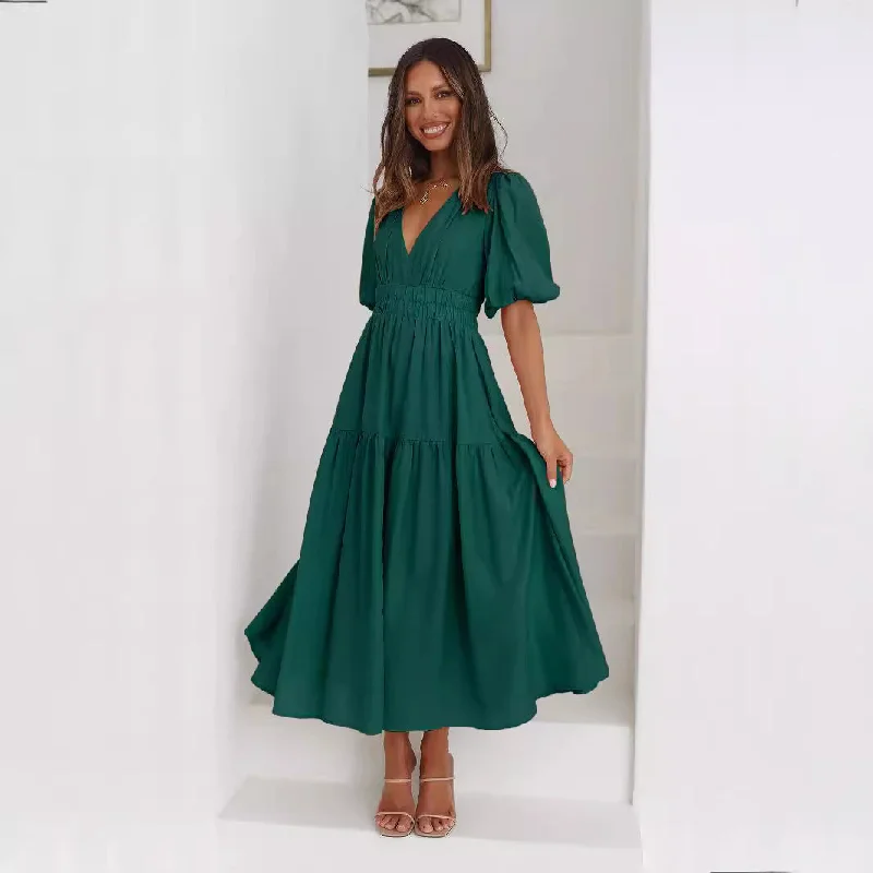 casual shift dressEuropean And American Fashion Deep V Puff Sleeve Vacation Women's Dress