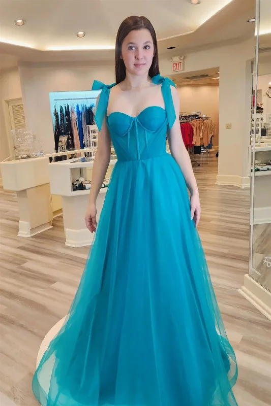 bohemian dressJade Sweetheart Bow Tie Shoulder Tulle Long Prom Dress