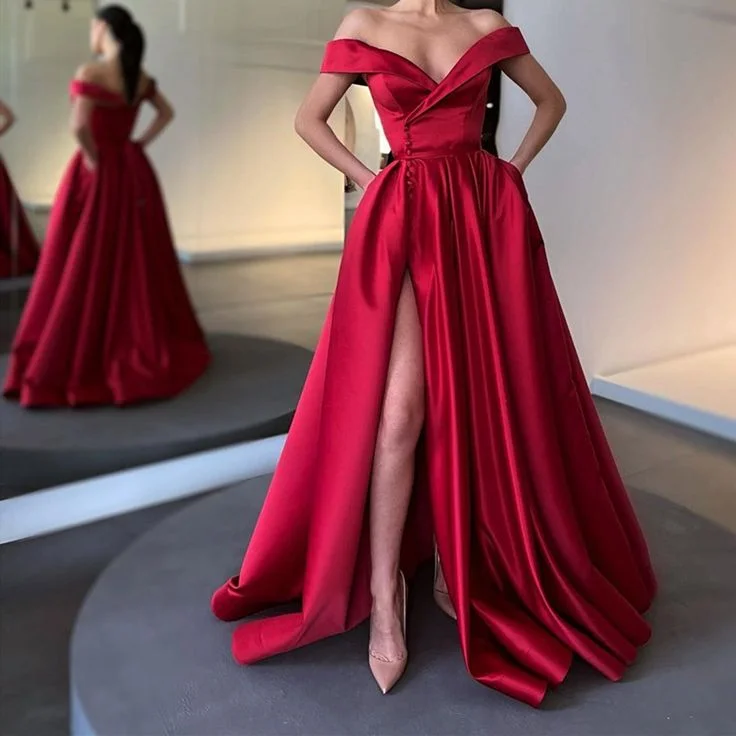 pleated dressOff the Shoulder Burgundy Satin Long Prom Dresses, Off Shoulder Wine Red Long Formal Evening Dresses Y7153