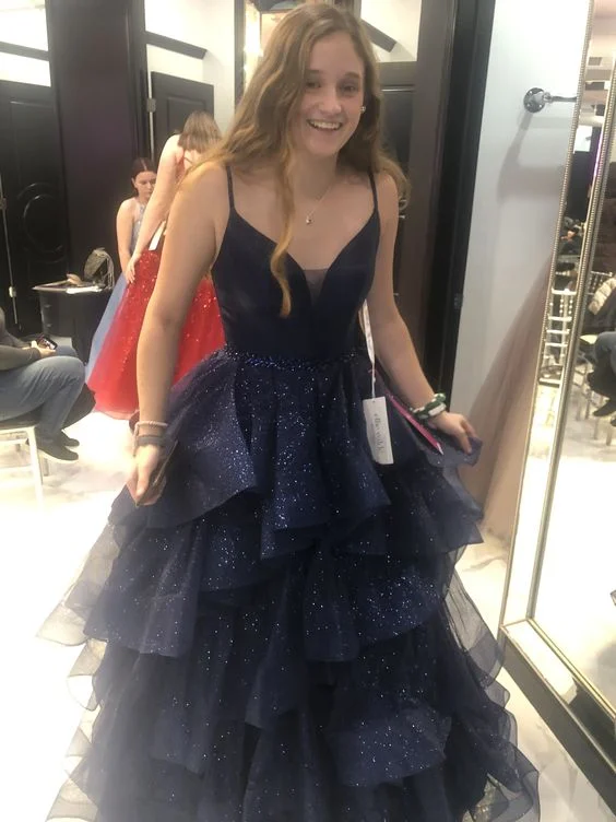 Blowout Sale sleek dressGlitter Navy A-line V Neck Tiered Prom Dress Y6782