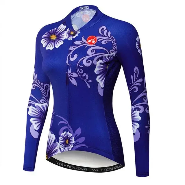 bold workout sweatshirtBlue Flower Women's Long Sleeve Cycling Jersey