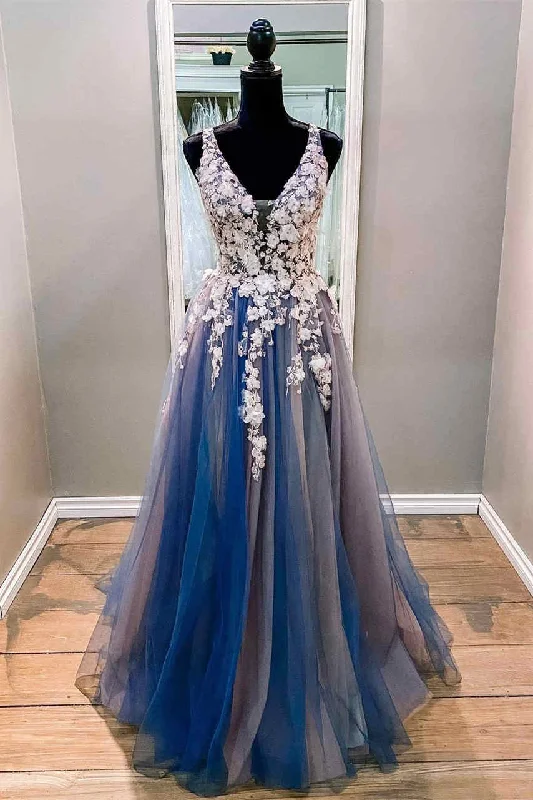 Price Fest t-shirt dressV-Neck White and Blue Prom Dress with Appliques