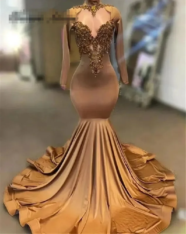 romantic dressBrown Mermaid Gold Rhinestones Prom Dresses For Party Wedding Evening Beaded Formal Dress V Neck Party Gowns Elegant robe