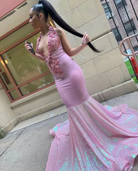 Shop and Save v-neck dressPink Halter Neck Long Prom Dress For Black Girls Appliques Birthday Party Gowns Sequin Mermaid Evening Dress Y6379