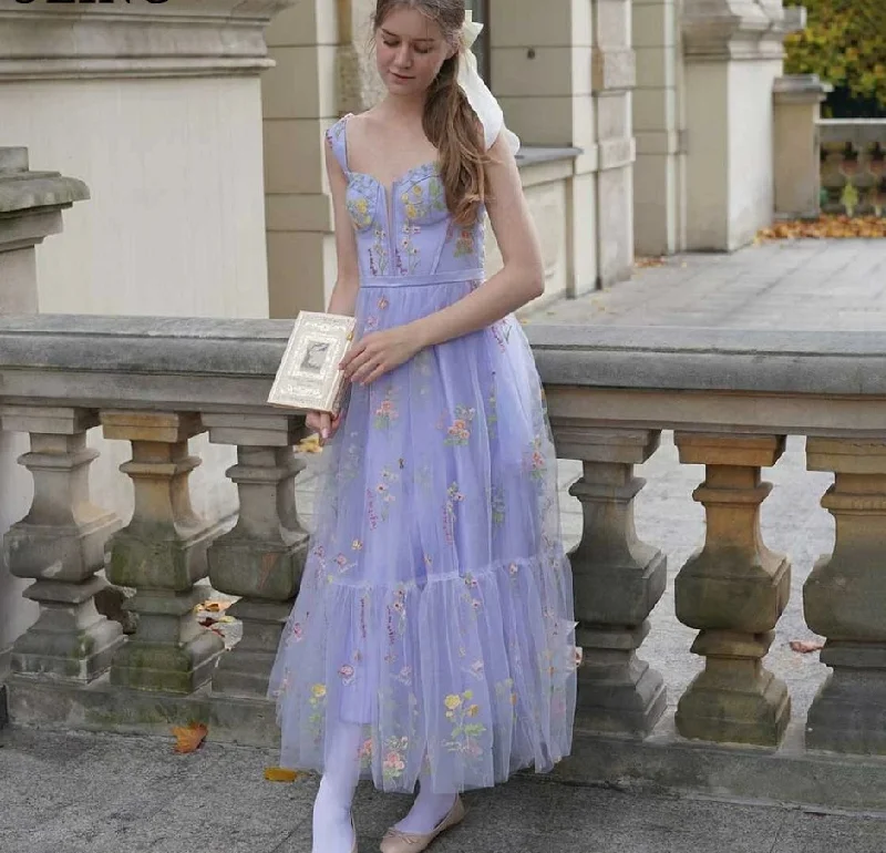 Deal Alert wrap dressLavender A Line Prom Dresses Fairy Sweetheart Spaghetti Strap Embroidery Tulle Evening Gowns Formal Wedding Party Dress