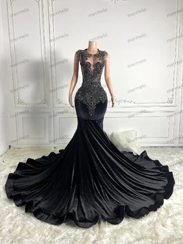 stylish party dressLuxury Velvet Long Prom Dresses For Black Girls Sheer Crystals American African Evening Gowns Birthday Party