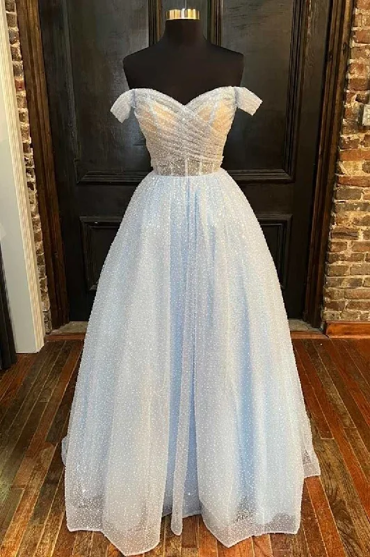 v-neck dressSparkle Light Blue Off-the-Shoulder A-Line Prom Gown