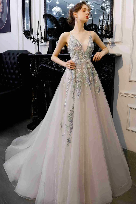 New Deals evening dressSpaghetti Straps Embroidery Tulle Prom Dress