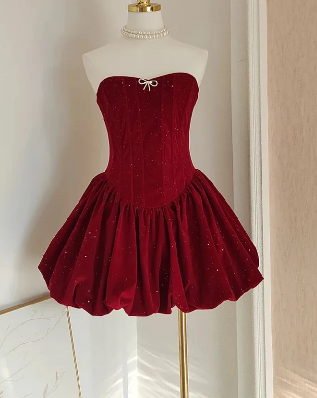 formal dressCute Burgundy Velvet Homecoming Dress Pleated Shiny Cocktail Dress Y7752