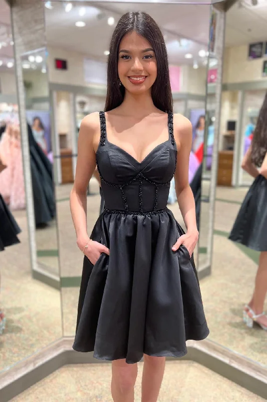 form-fitting dressBlack A-line Beaded Straps Satin Homecoming Dress