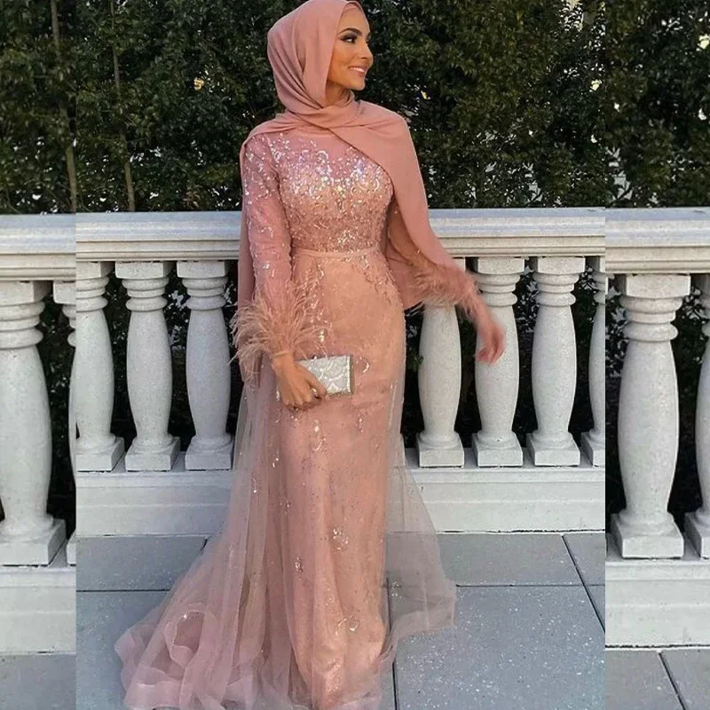 Midnight Sale flowy dressMuslim Pink Mermaid Evening Dresses for Women Long Sleeves Feathers Sequined Lace Hijab Soiree Formal Occasion Dress Midnight Sale flowy dressMuslim Pink Mermaid Evening Dresses for Women Long Sleeves Feathers Sequined Lace Hijab Soiree Formal Occasion Dress
