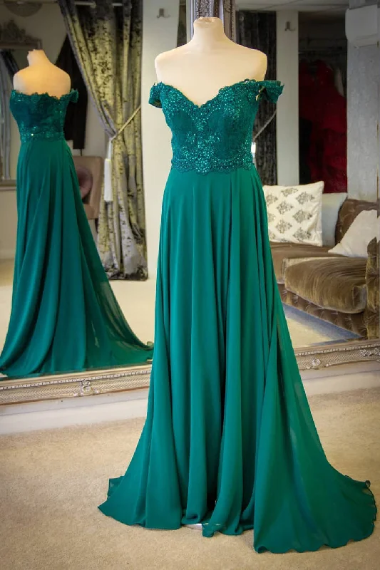 Don't Wait bohemian dressOff the Shoulder A-Line Chiffon Emerald Green Prom Dress