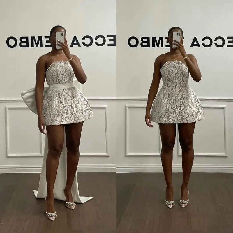 One-DAY Sale off-shoulder dressPretty Bridal Lace Short Prom Dresses with Detachable Bow Beaded Strapless Wedding Party Dress Big Bow Birthday Event Gala Gowns One-DAY Sale off-shoulder dressPretty Bridal Lace Short Prom Dresses with Detachable Bow Beaded Strapless Wedding Party Dress Big Bow Birthday Event Gala Gowns