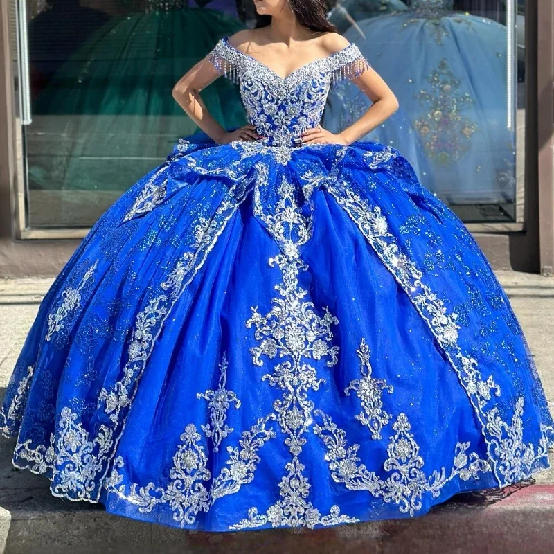 comfy dressBlue Shiny Princess Quinceanera Dress Off Shoulder Lace Applique Beading Tull Corset Sweet 16 Vestidos De 15 Años