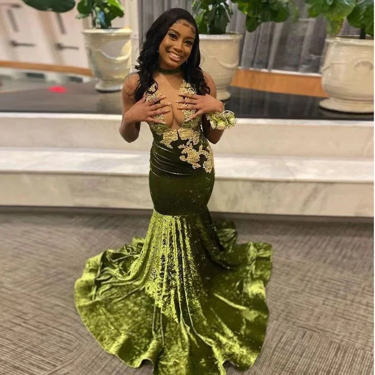Don't Wait one-shoulder dressAfrican Prom Dress For Black Girl Velvet Appliques Deep V Neck Sexy Mermaid Graduation Party Evening Dress Y6345