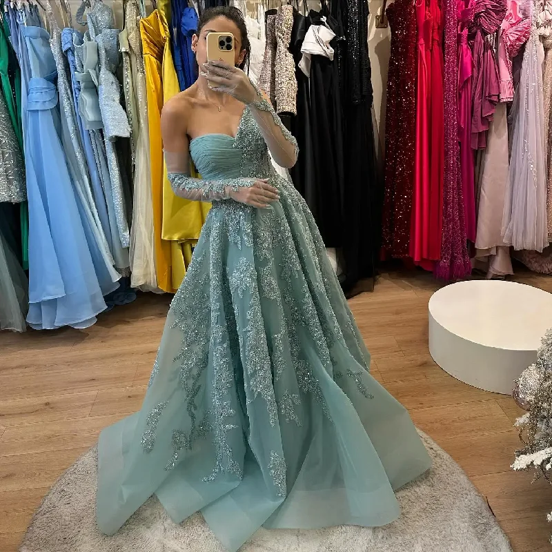 A-line dressBeautiful Shiny Beaded Lace Long Prom Dresses With Detachable Sleeves Elegant Green A-line Formal Party Dress Bridal Gowns