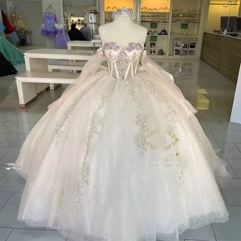 shift dressGlittering Crystal Quinceanera Dresses Long Off Shoulder Sleeves Princess Dress Party Gowns Vestidos De 15 Anos