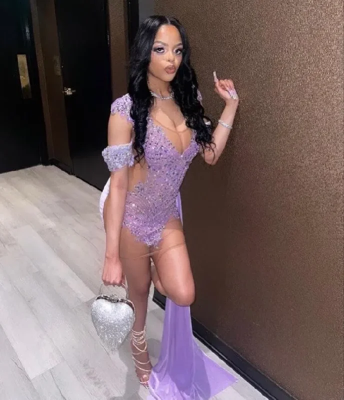 bodycon dressPurple Velvet Short Prom Dress for Black Girl Sparkly Diamond Crystal Beaded Sheer Mesh Birthday Homecoming Queen Gown