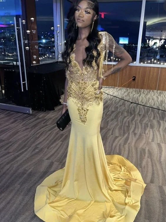 casual slip dressYellow Beaded Long Prom Dress Formal Party Dress Mermaid Prom Dress