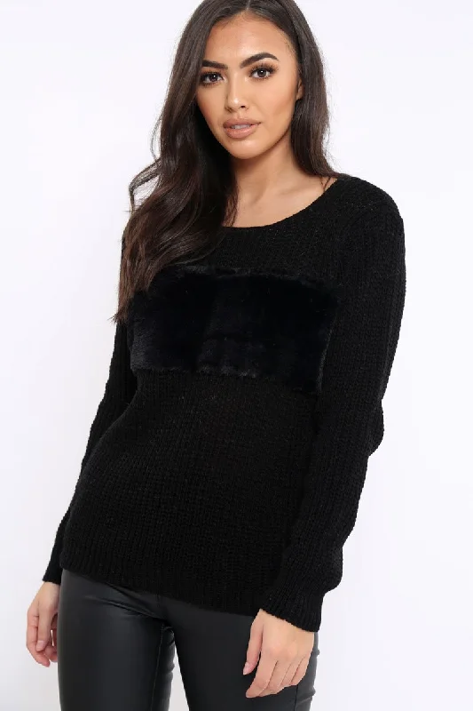 casual pullover sweaterBlack Chunky Knit Faux Fur Front Panel Jumper - Ophelia