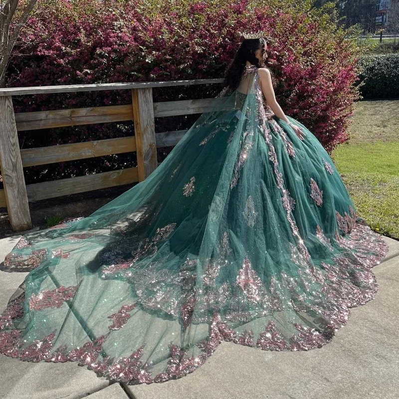 Don't Wait mini dressEmerald Green Quinceanera Dresses For 16 Girl V-Neck Off the Shoulder Gold Appliques Beads With Cape Princess Ball Gowns Birthda