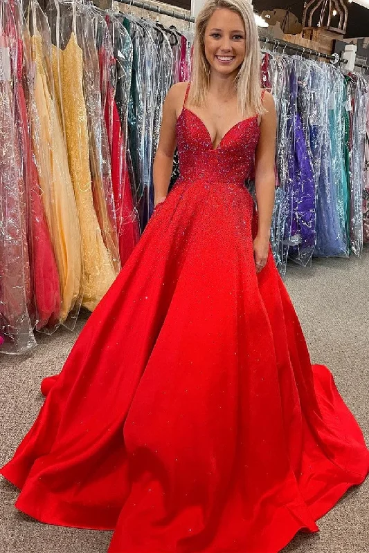 chic wrap dressSpaghetti Straps Red Satin Beaded A-line Long Formal Gown