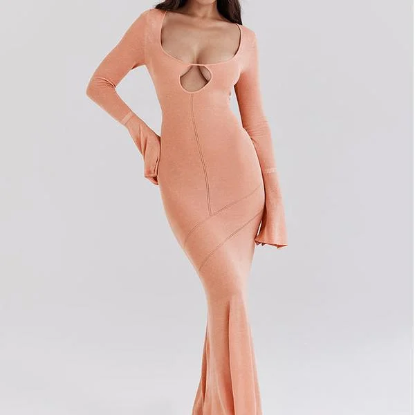 evening dressOrange Flare Sleeve Knit Maxi Dress