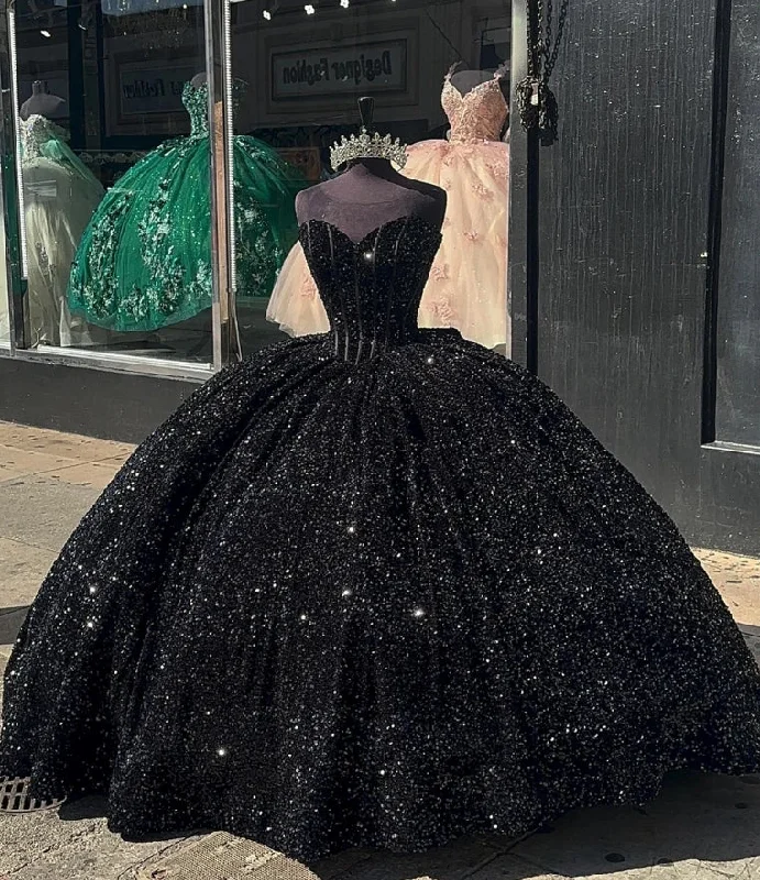 one-shoulder dressBlack Sequin Corset Quinceanera Dresses With Bow Sweetheart Shinning Sweet 16 Dresses Ball Gown Birthday Gowns vestidos de 15