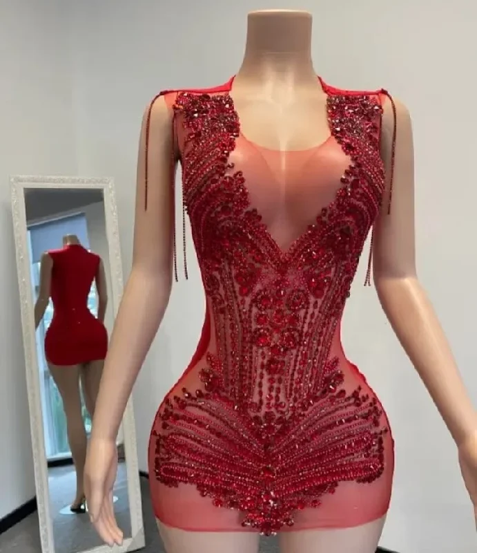 Instant Discount casual slip dressRed See Through Sheer Women African Cocktail Dresses Beaded Birthday Party Gowns Short Black Girl Prom Dresses Homecoming