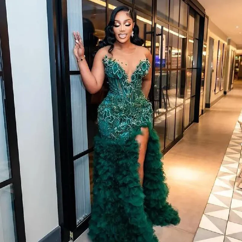 Price Drop summer dressHunter Green Slit Prom Dresses With Sheer Neck Major Beads Tiered Bottom Luxury Mermaid Evening Gowns Aso Ebi Party Dress Price Drop summer dressHunter Green Slit Prom Dresses With Sheer Neck Major Beads Tiered Bottom Luxury Mermaid Evening Gowns Aso Ebi Party Dress