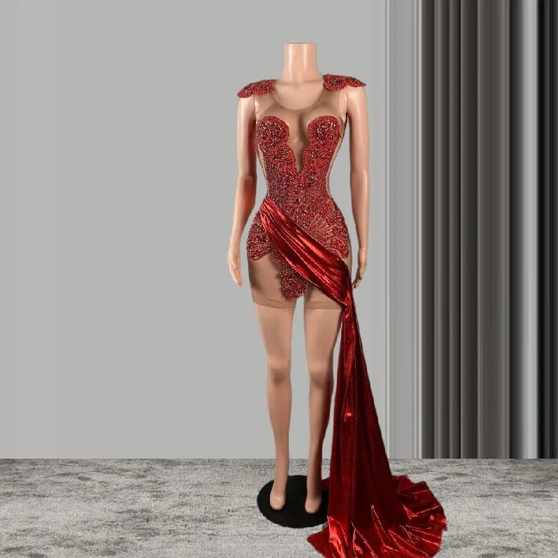 Hurry In lace-up dressDraped Metallic Evening Formal Dress for Women Red Rhinestone Crystal Sheer Mesh Black Girl Birthday Prom Gown Hurry In lace-up dressDraped Metallic Evening Formal Dress for Women Red Rhinestone Crystal Sheer Mesh Black Girl Birthday Prom Gown