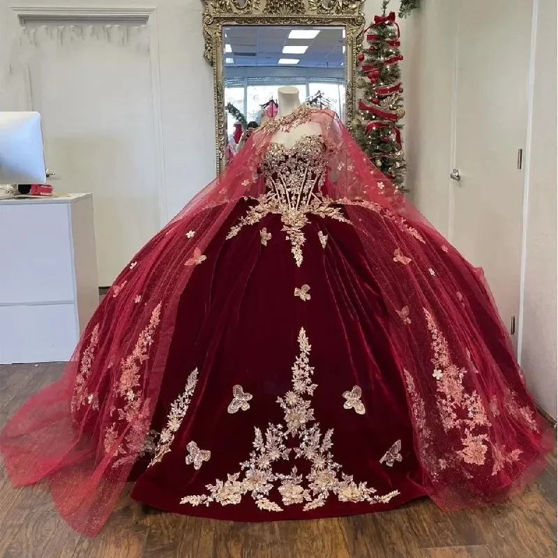 evening dressBurgundy Off-Shoulder Quinceanera Dresses With Cape Vestidos De 15 Anos 3D Lace Masquerade Birthday Party Gowns