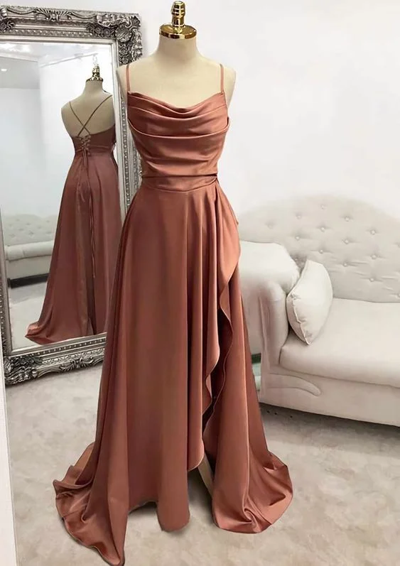 Warehouse Sale oversized dressA-line Bateau Spaghetti Straps Long/Floor-Length Satin Prom Dress With Pleated Split Y7039