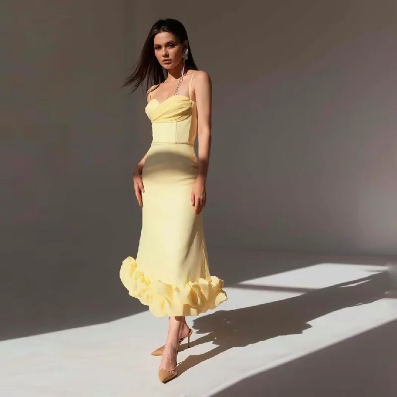 boho-chic dressPretty Yellow Spaghetti Strap Summer Casual Dress Sexy Tea-Length Maxi Dresses For Women Elegant Ruffled Bottom Party Gowns