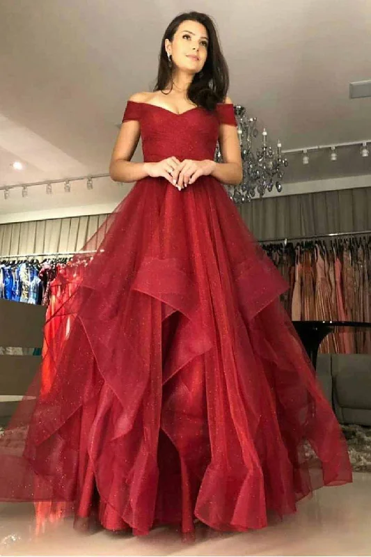Take Advantage puff sleeve dressOff the Shoulder Tiered Red Prom Dress with Pleats