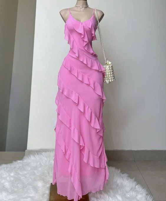 winter dressElegant Straps Sheath Chiffon Formal Prom Dress Pink Ruffles Long Party Dress Y7561