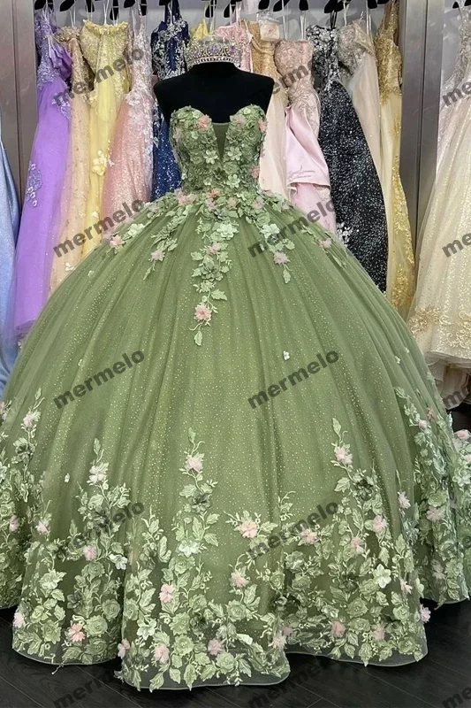 romantic dressSage Green Ball Gown Quinceanera Dresses Sweetheart 3D Floral Brithday Party