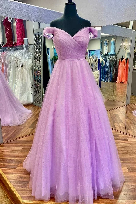 satin dressLilac Off-the-Shoulder A-Line Long Prom Dress