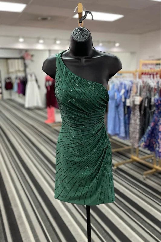 boho dressDark Green One Shoulder Beaded Satin Sheath Homecoming Dress